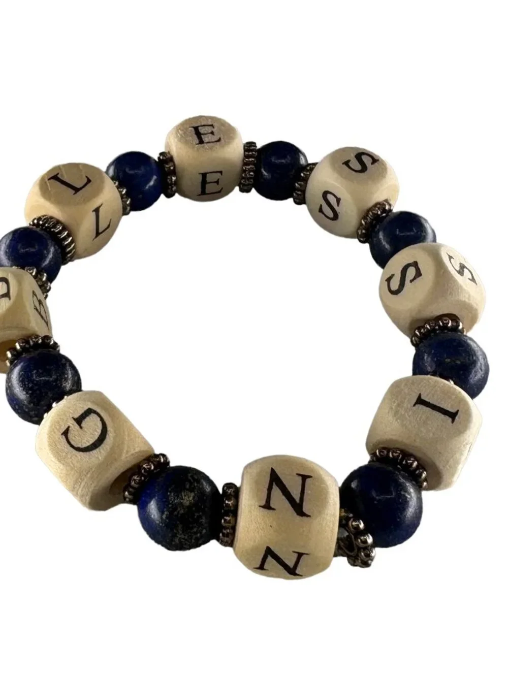 Custom Name Bracelet Personalized Wood Letter Block Natural Lapis Lazuli Gem